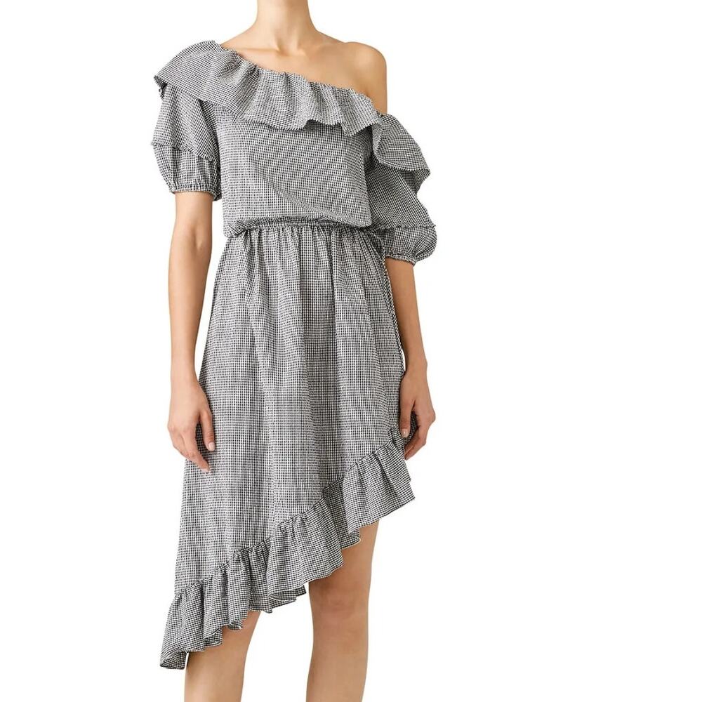 Love Shack Fancy XS Haley Gingham One Shoulder Dress Black White Cottage Core